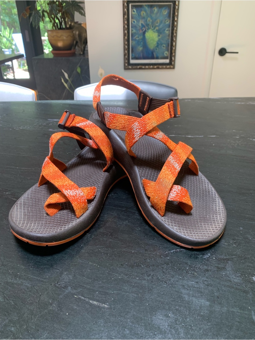 Chaco Orange Strap Sandals on Brown Footbed SZ 10